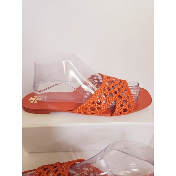 Tory Burch Orange Woven Braided Dessert Flower Leather Slip On Slide Sandals 10 - Picture 6 of 16